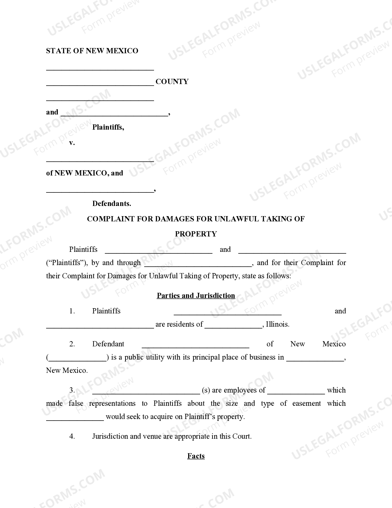New Mexico Complaint for Damages for Unlawful Taking of Property US Legal Forms