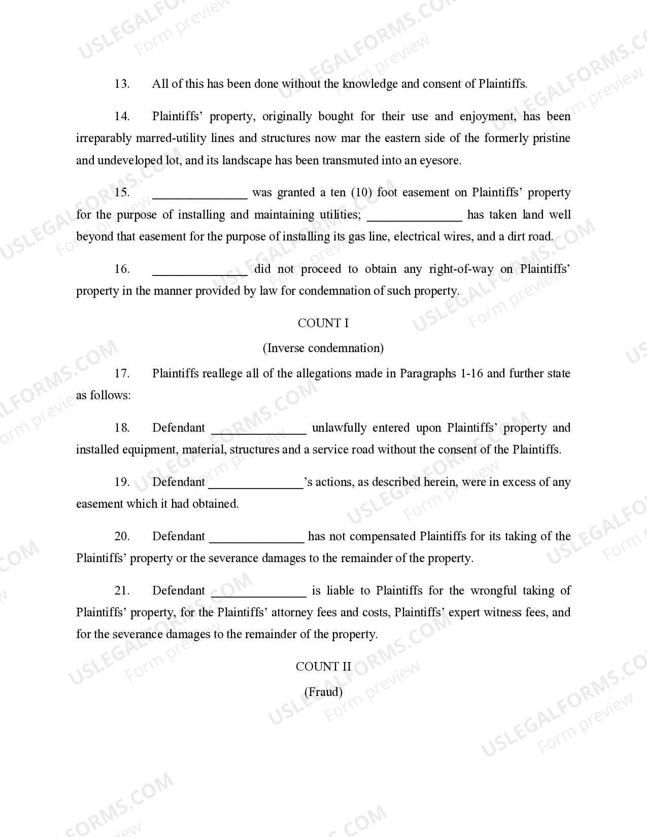 New Mexico Complaint for Damages for Unlawful Taking of Property US Legal Forms