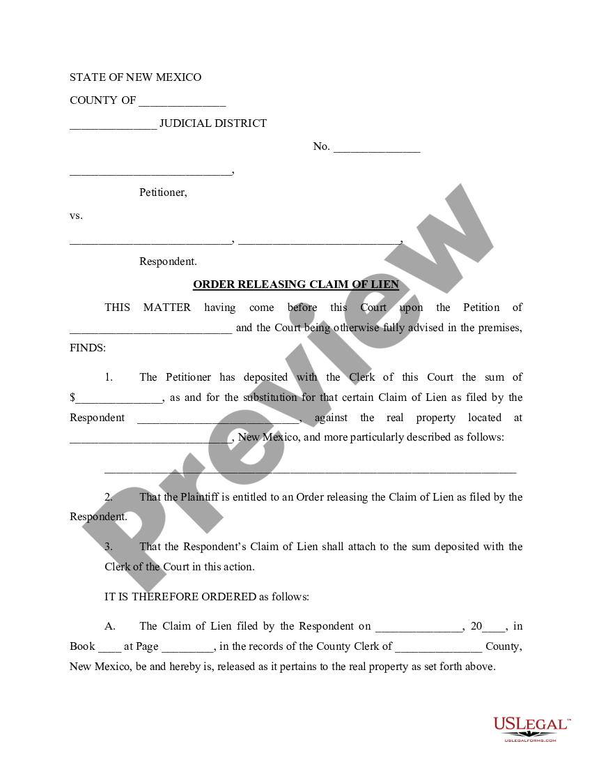 New Mexico Order Releasing Claim of Lien | US Legal Forms