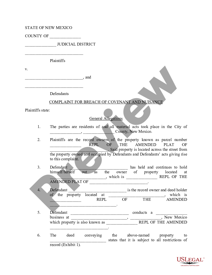 New Mexico Complaint fo Breach of Covenant and Nuisance | US Legal Forms