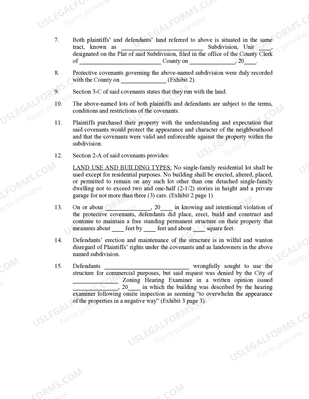 Preview Complaint fo Breach of Covenant and Nuisance