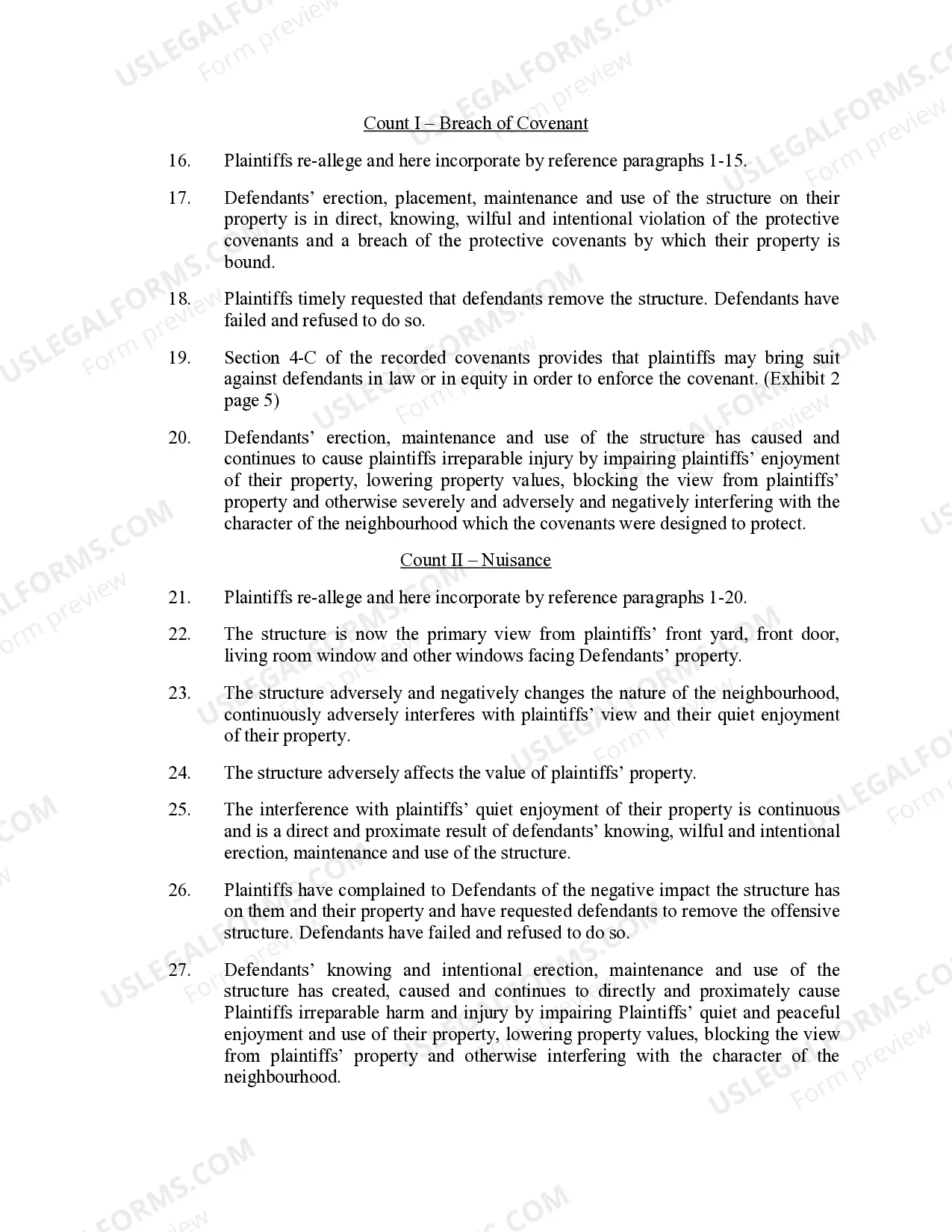 Preview Complaint fo Breach of Covenant and Nuisance