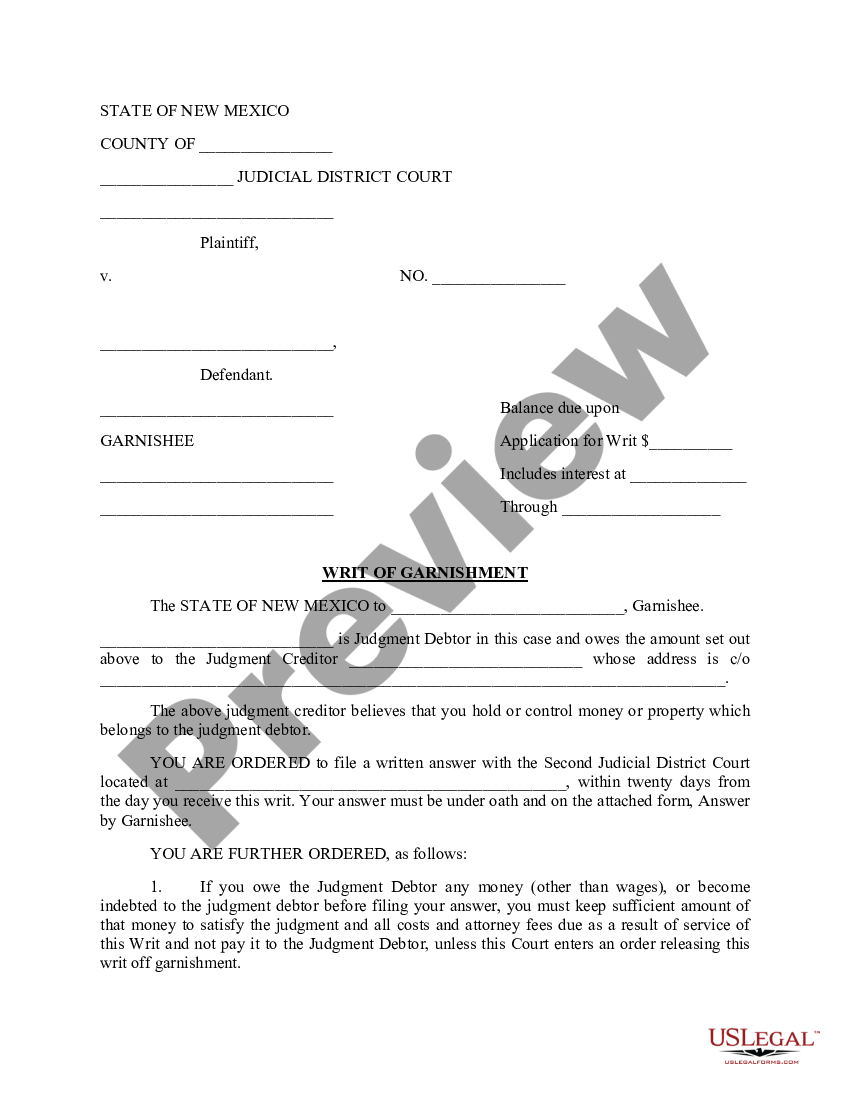 New Mexico Writ of Garnishment | US Legal Forms