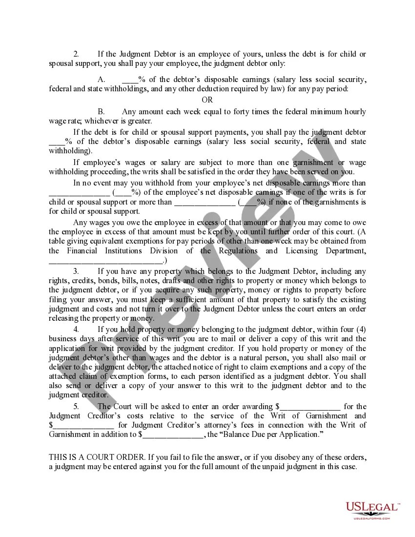 Get Writ of Garnishment Preview Writ of Garnishment