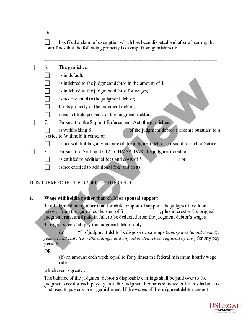 Preview Judgment on Writ of Garnishment and Order to Pay