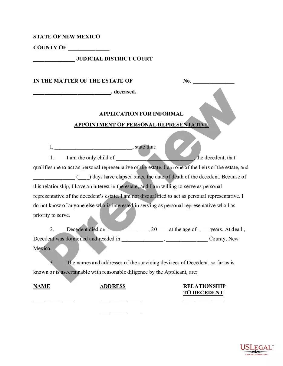New Mexico Application For Informal Appointment Of Personal Representative Informal Probate 9644