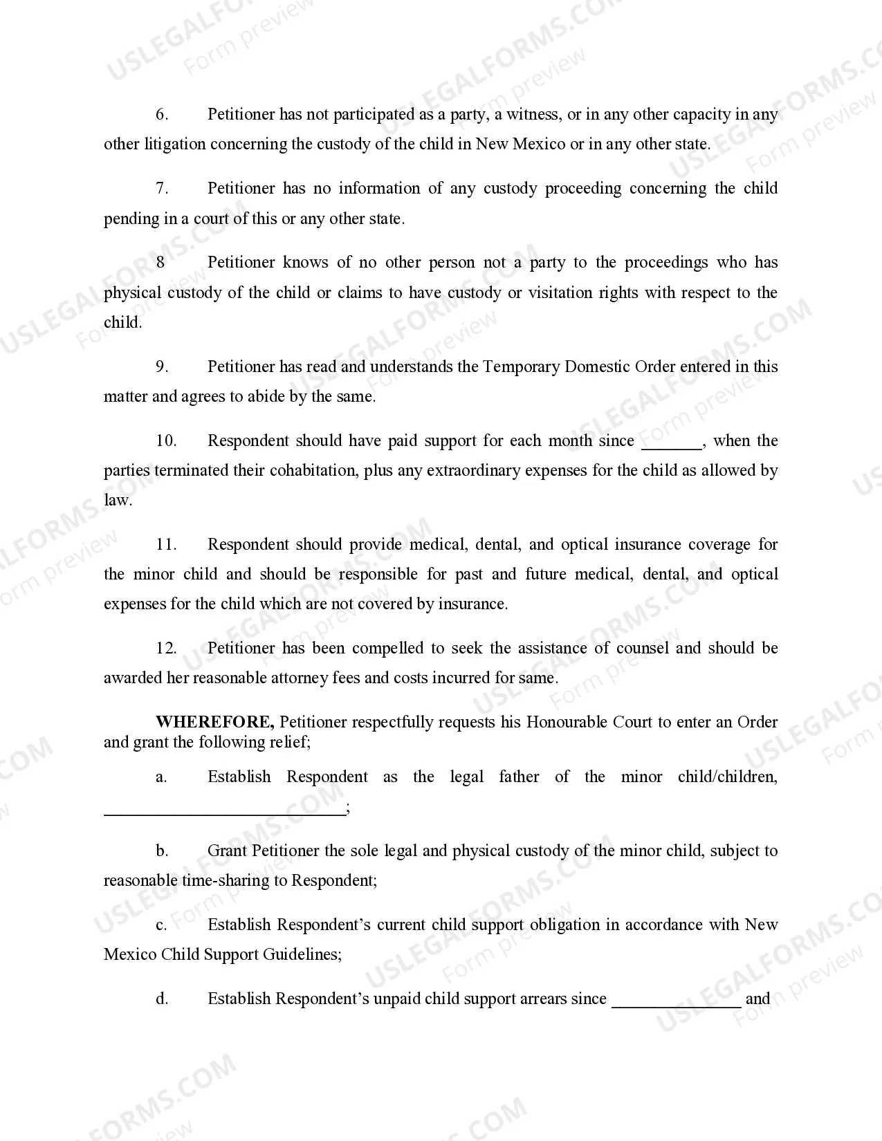 Preview Verified Petition to Establish Paternity, Custody, Time-Sharing, and Support between Unmarried Persons