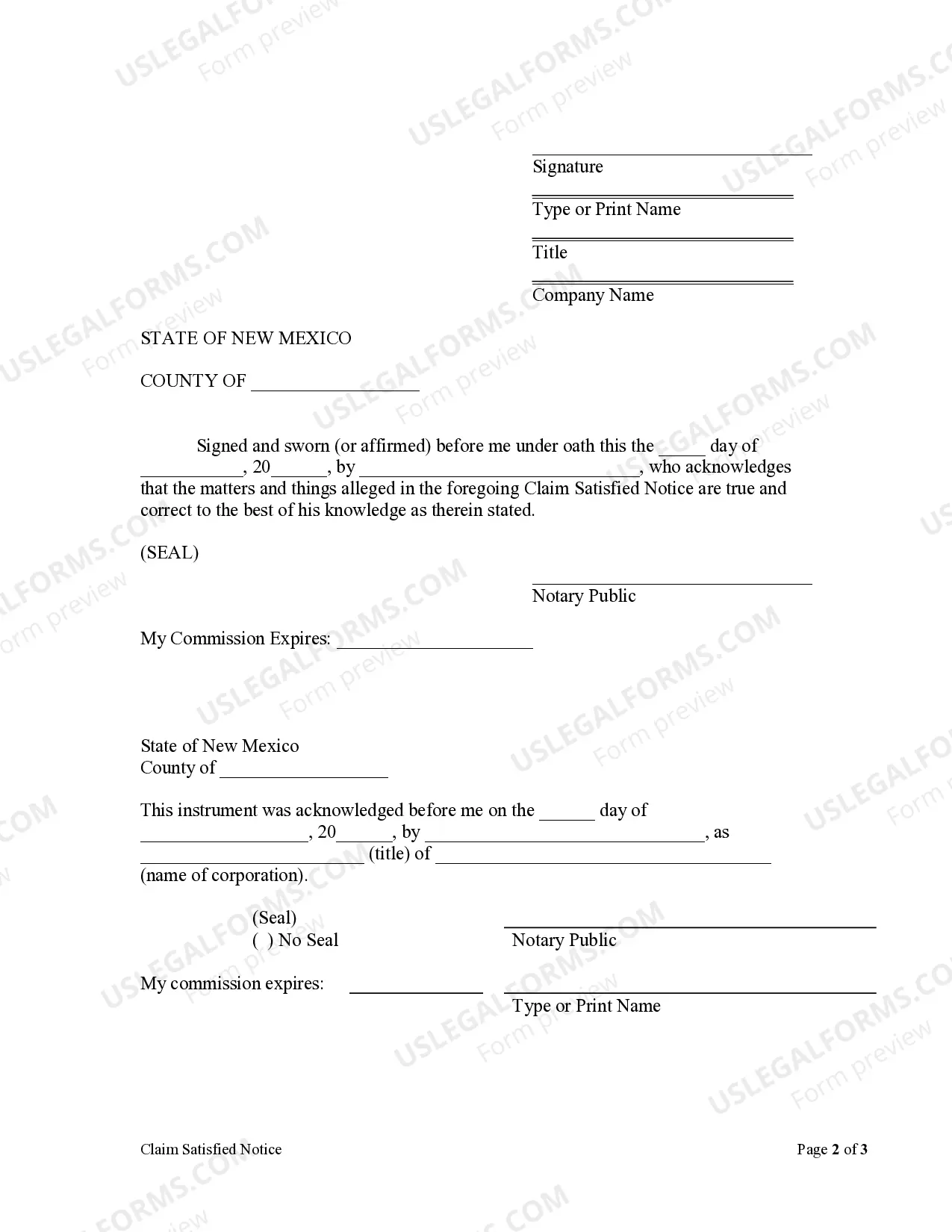 Preview Claim Satisfied Notice - Corporation or LLC