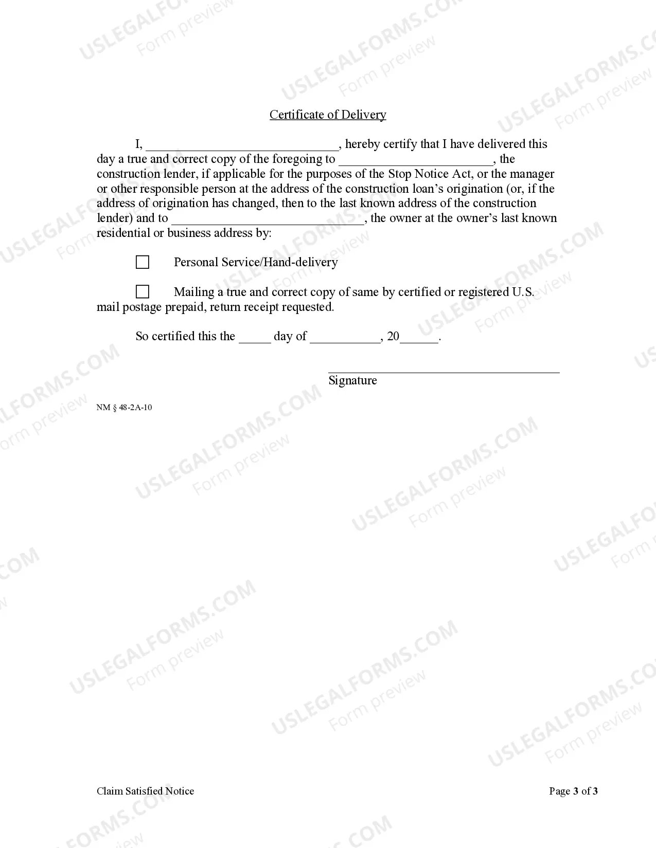 Preview Claim Satisfied Notice - Corporation or LLC