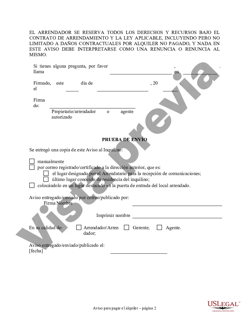 Preview Aviso de 3 días para pagar el alquiler o la rescisión del contrato de arrendamiento de una propiedad residencial