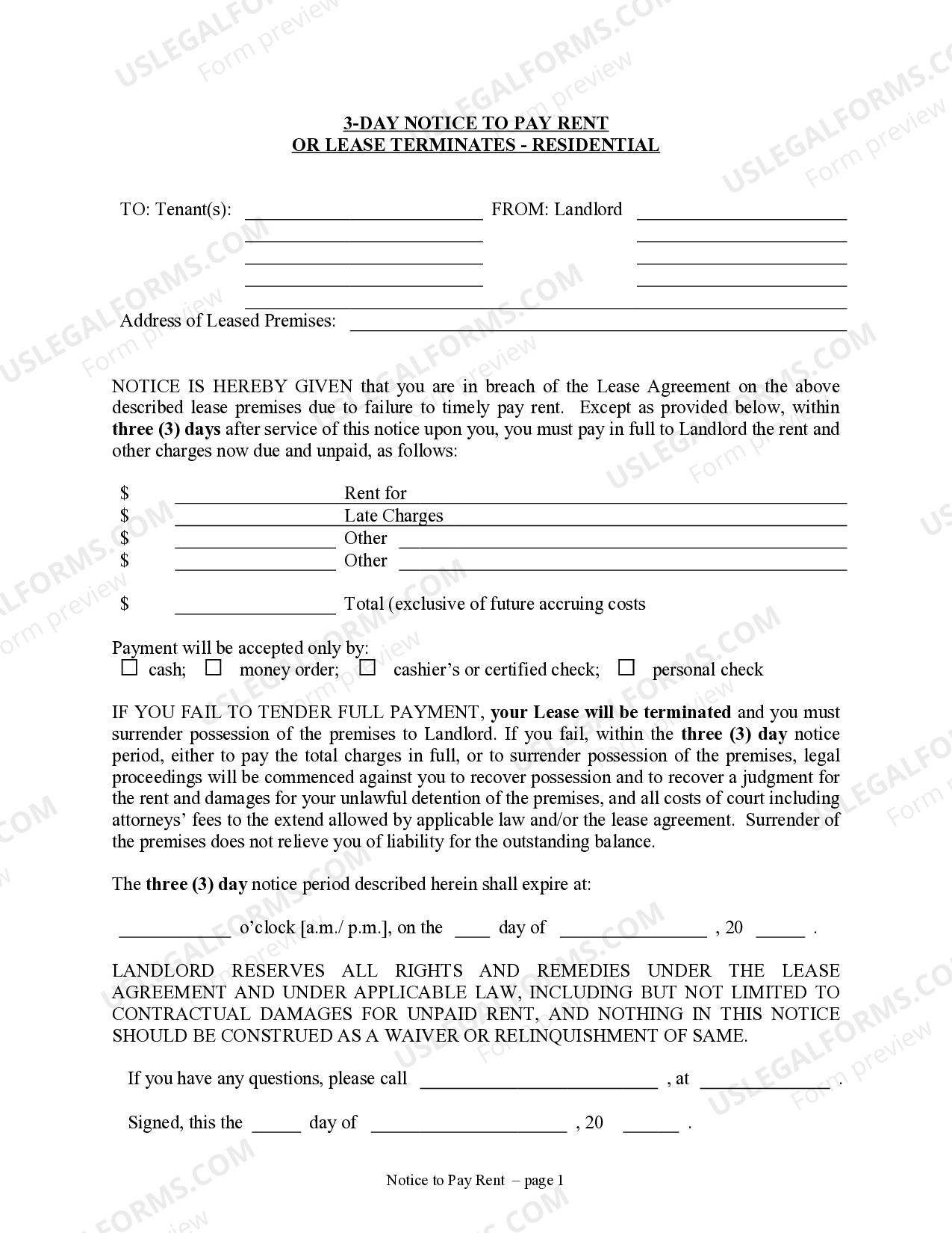 Las Cruces New Mexico 3 Day Notice to Pay Rent or Lease Terminated for