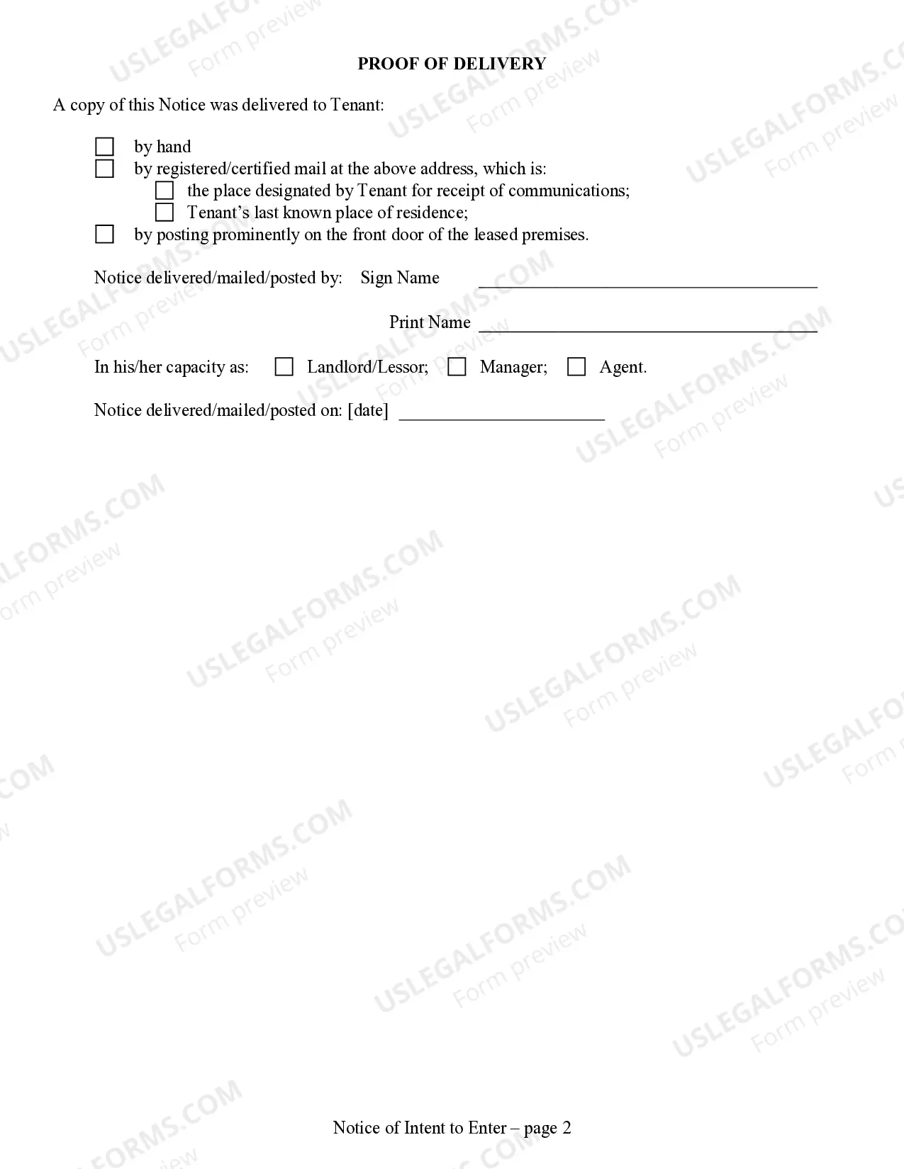 Preview 24 Hour Notice of Intention to Enter Dwelling for Residential from Landlord to Tenant