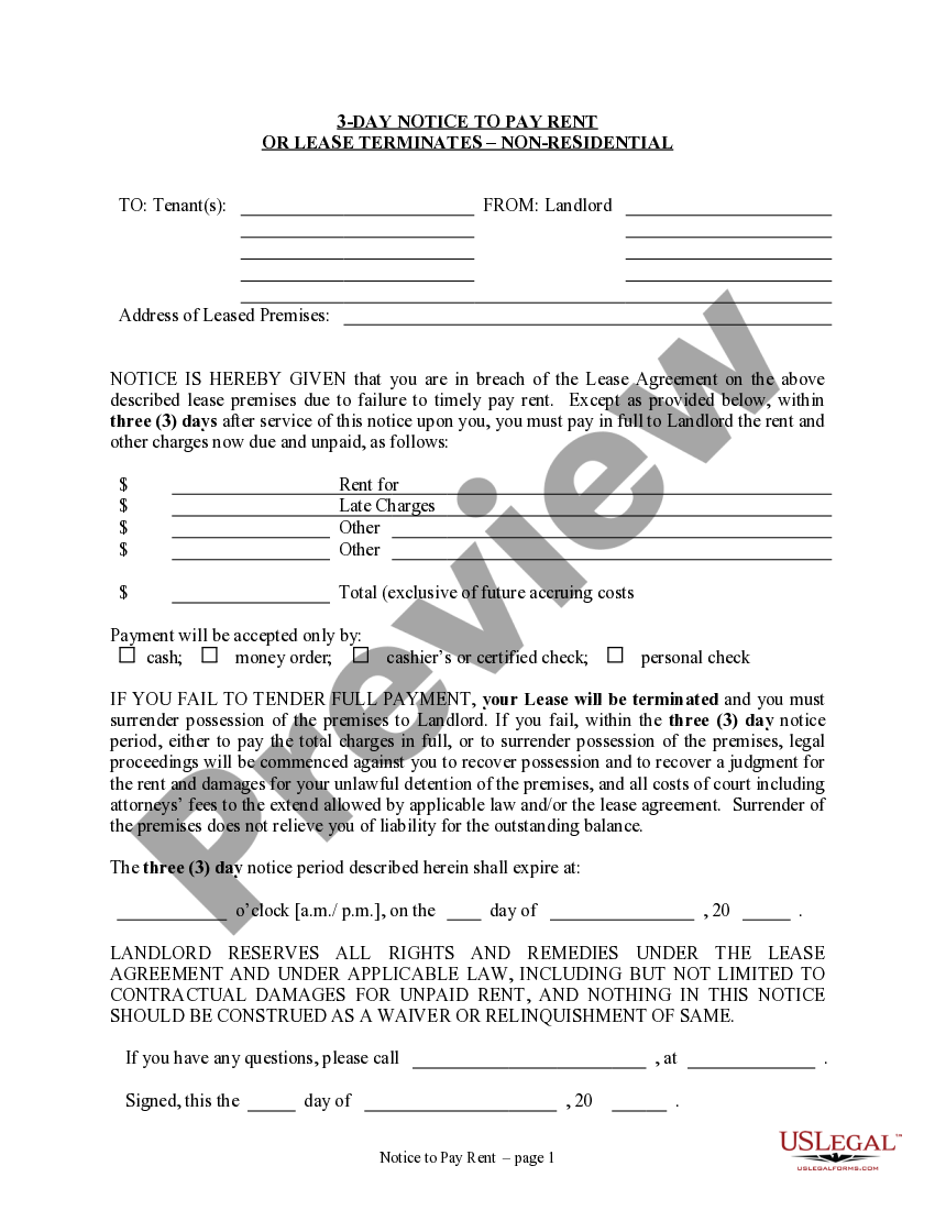 new mexico 3 day notice to pay rent or lease terminated for nonresidential or commercial property nm 3 day notice