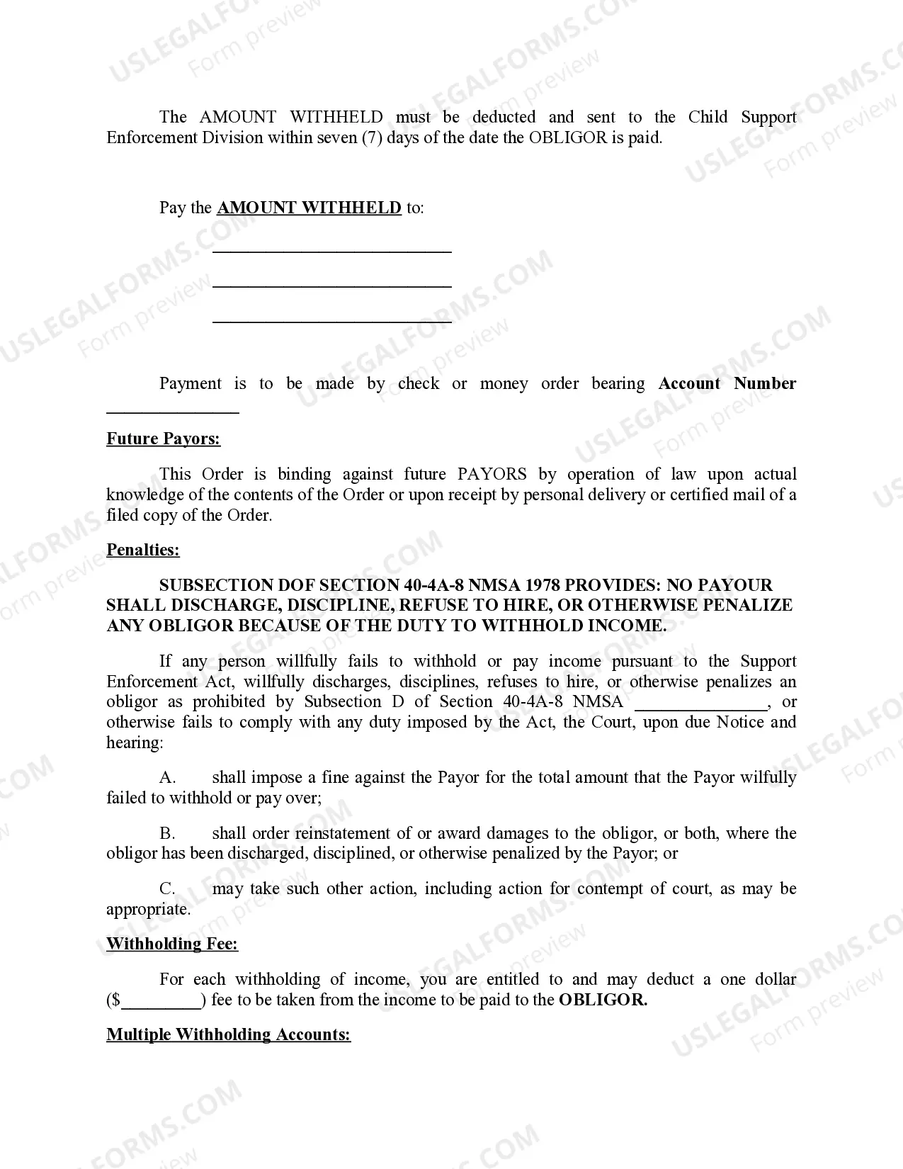 Preview Order to Withhold Income