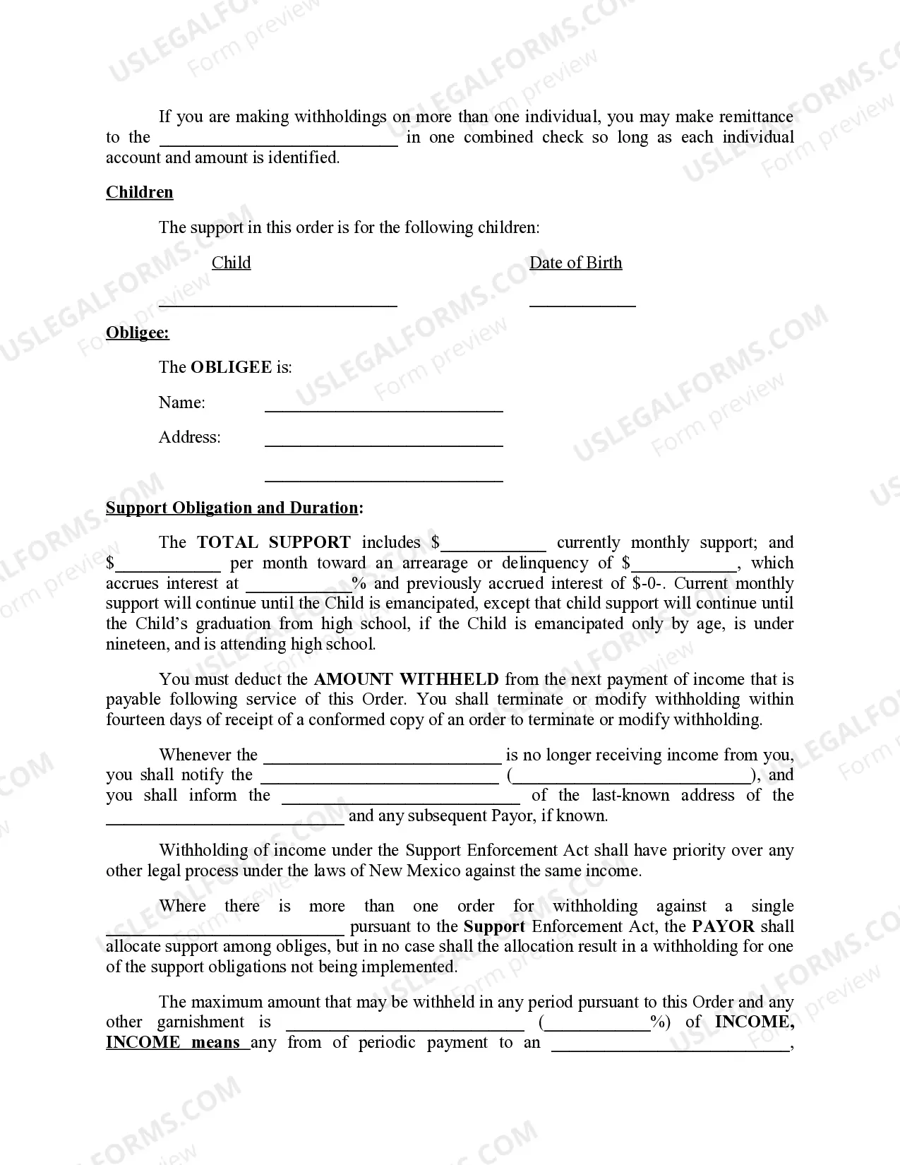 Preview Order to Withhold Income