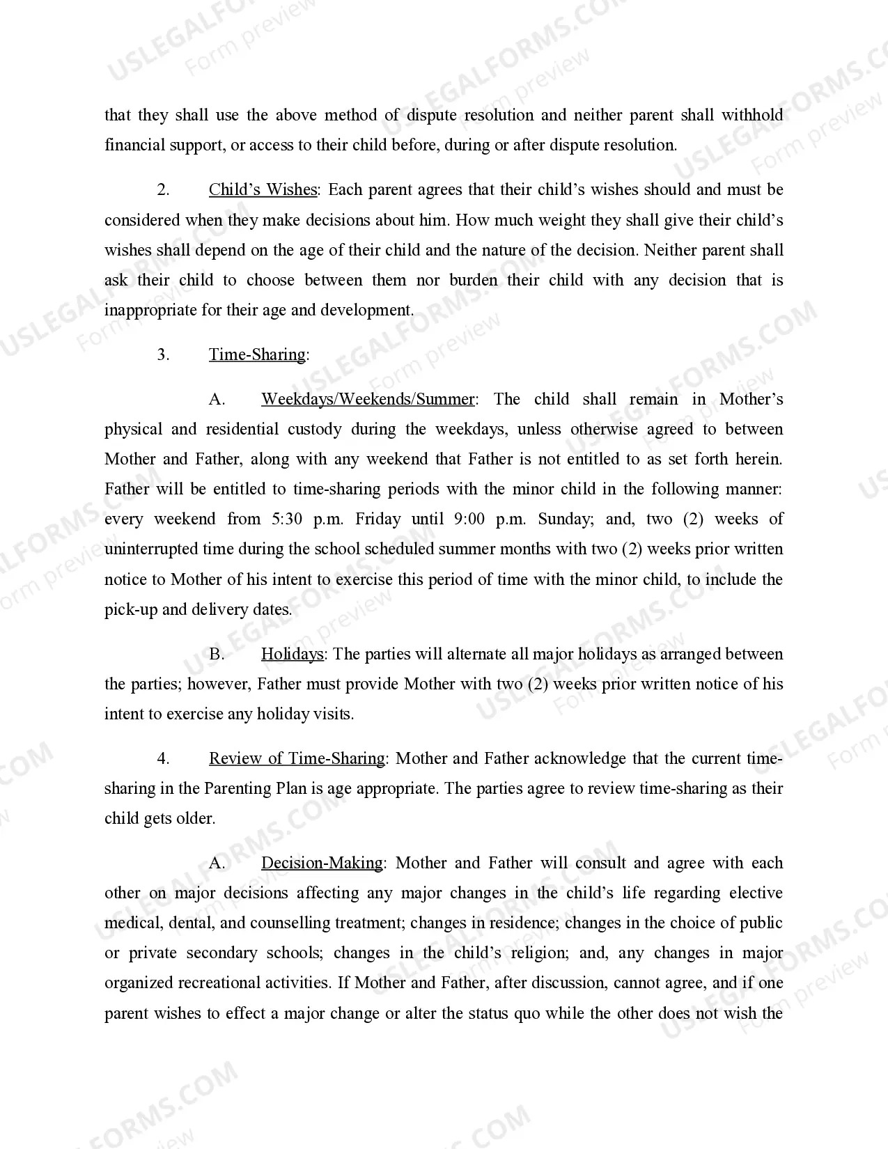 Preview Parenting Plan Developed and Agreed by Parties for their Child