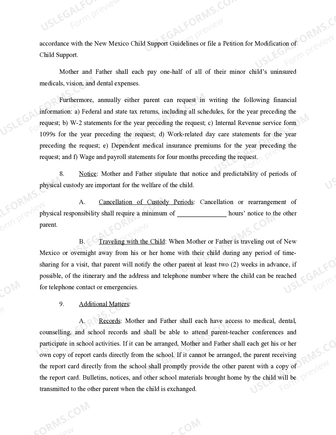 Preview Parenting Plan Developed and Agreed by Parties for their Child