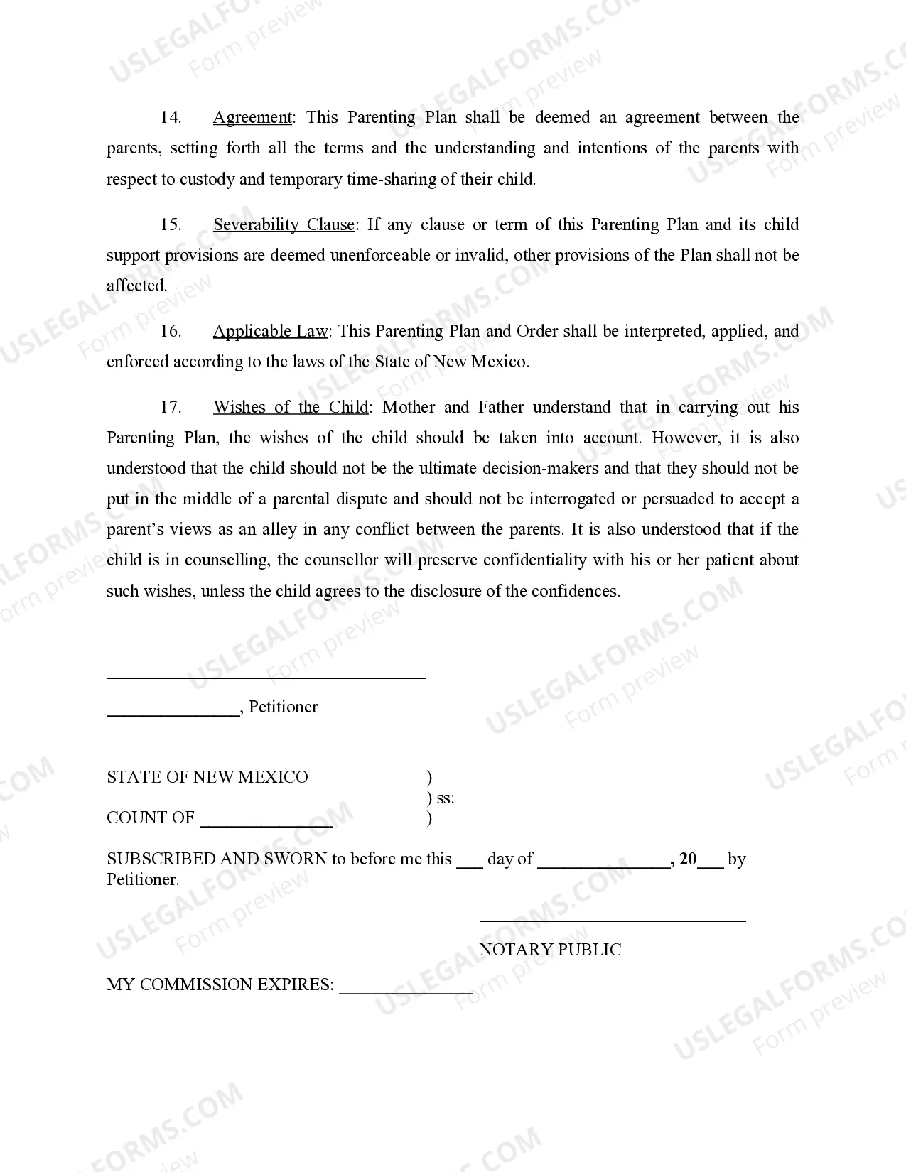 Preview Parenting Plan Developed and Agreed by Parties for their Child