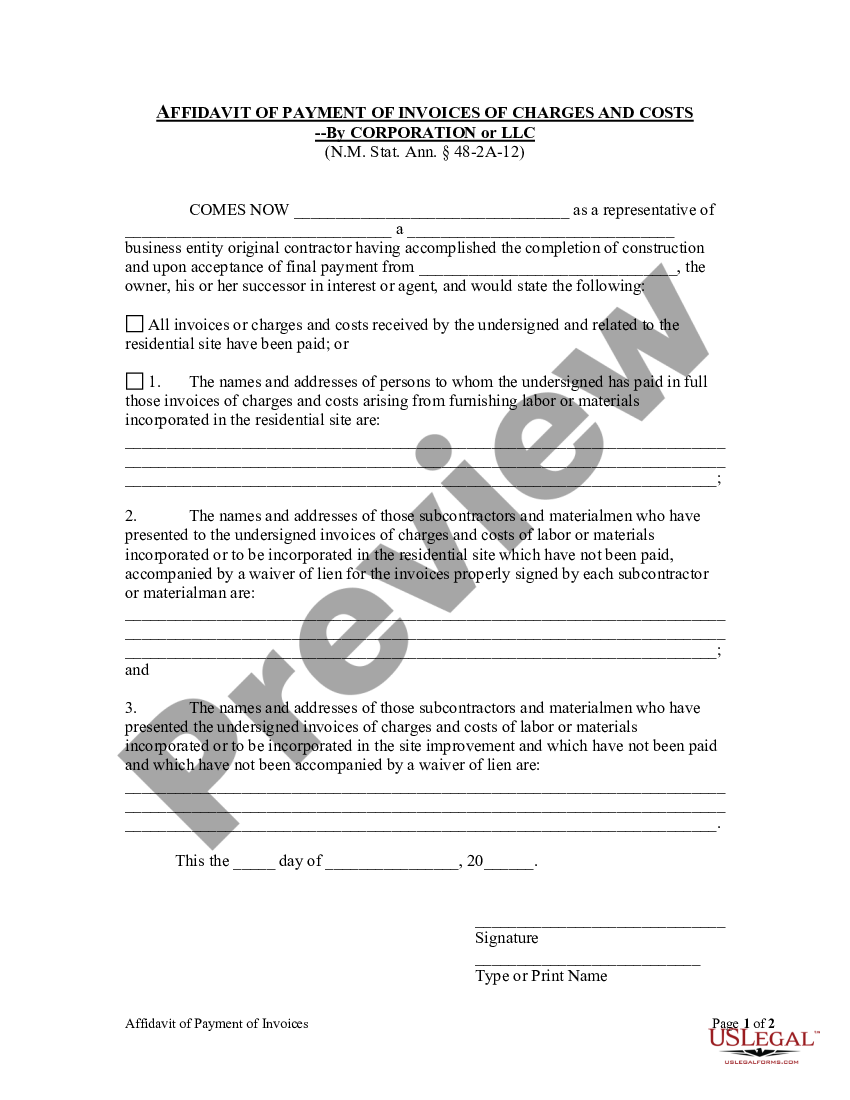 New Mexico Affidavit of Payment of Invoices of Charges and Costs ...