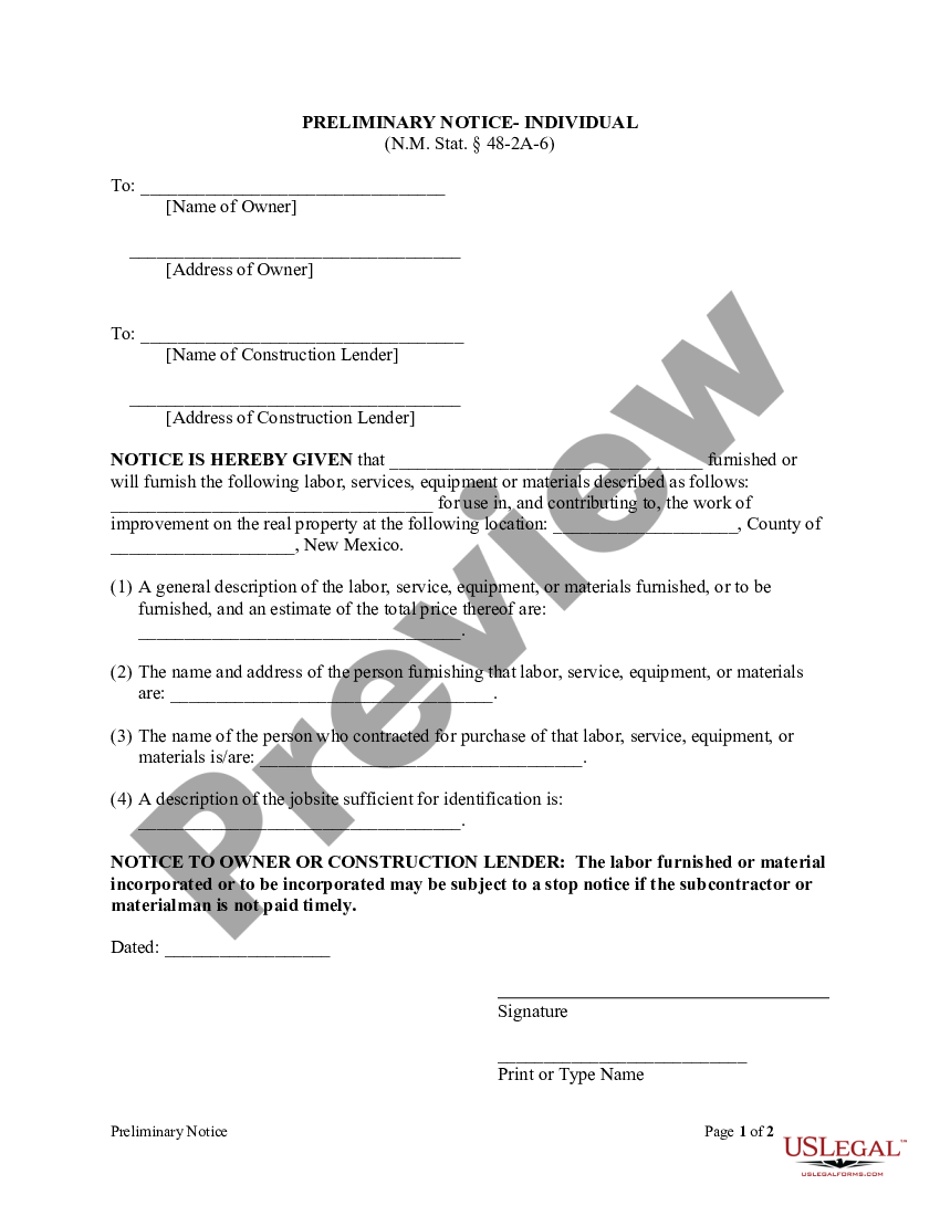 Preliminary Notice Of Lien Us Legal Forms 1658