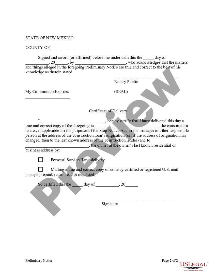 Preliminary Notice Of Lien Us Legal Forms 8712