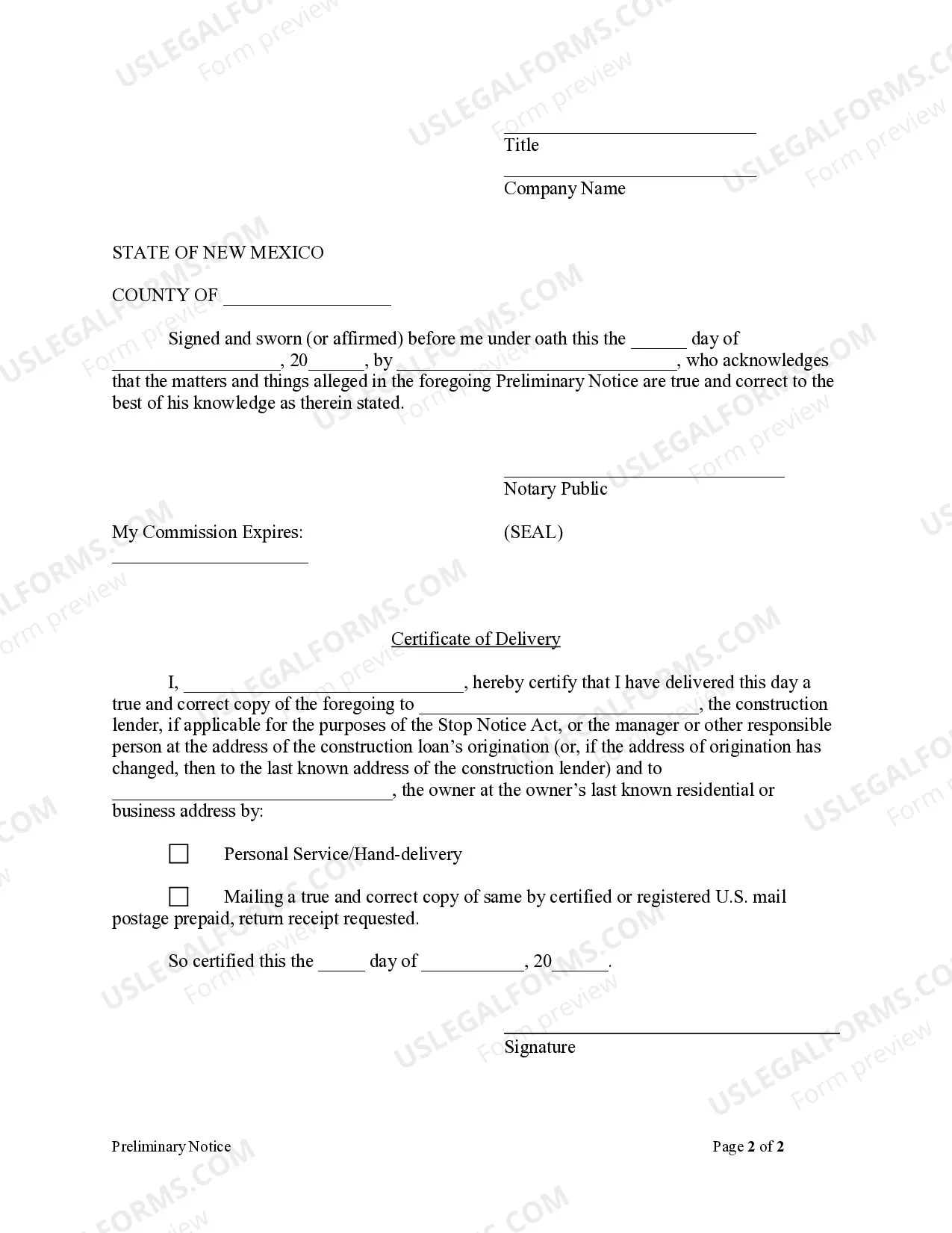 Preview Preliminary Notice - Corporation