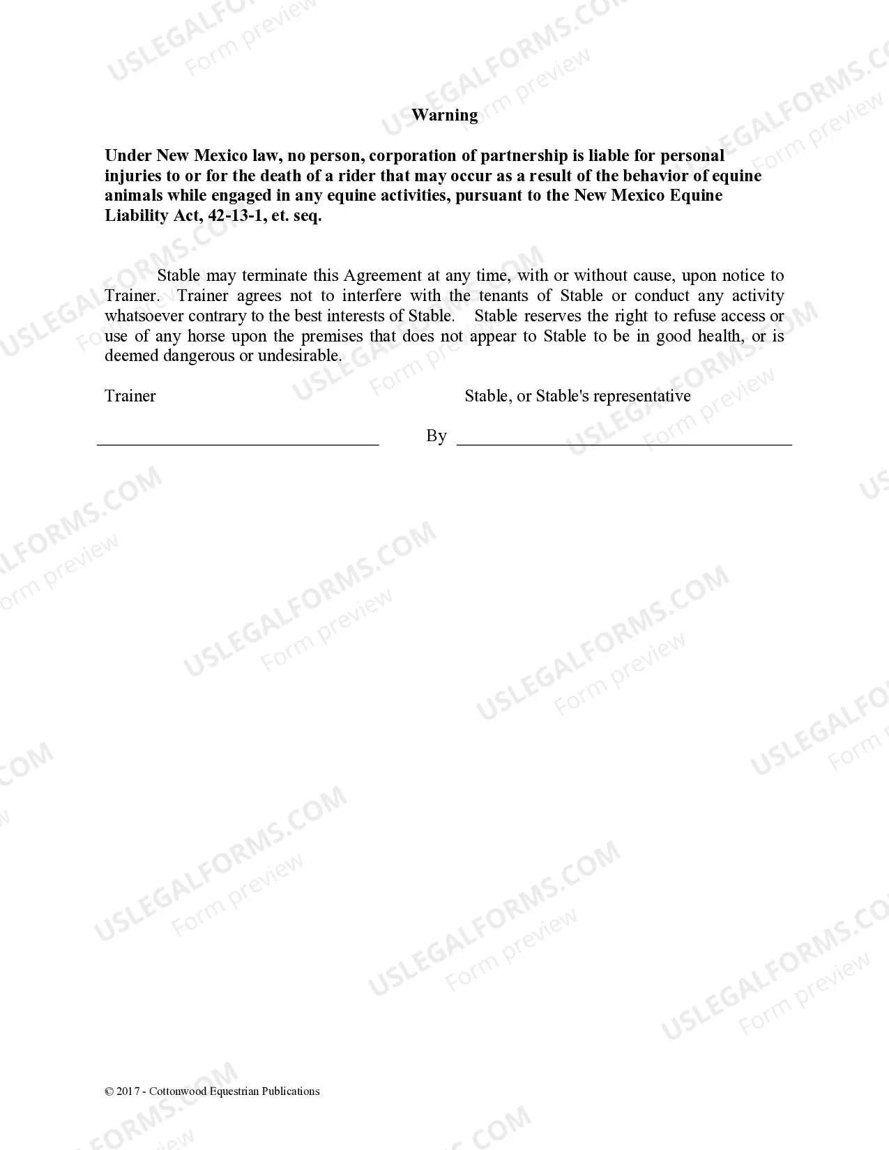 Preview Trainer's Facility Use Agreement - Horse Equine Forms