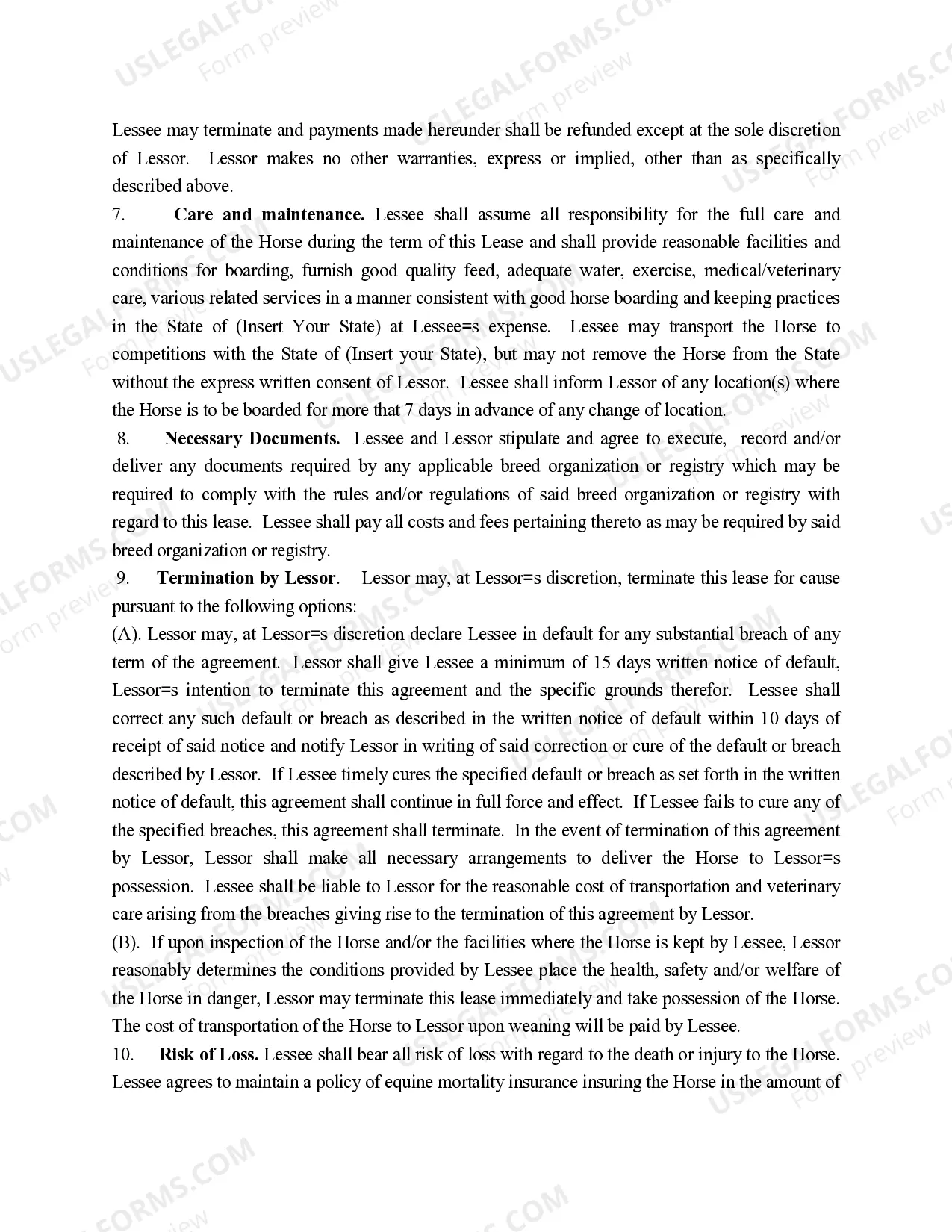 Preview Performance Horse Lease Agreement