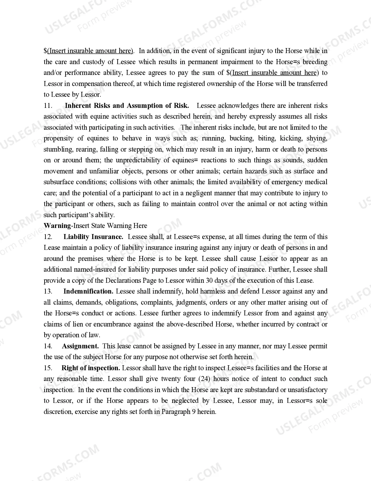 Preview Performance Horse Lease Agreement