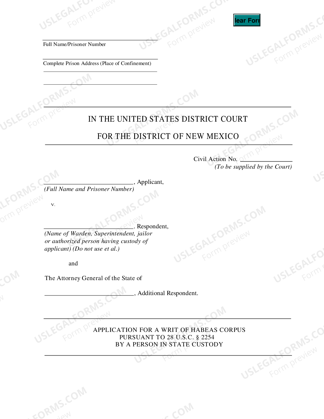 New Mexico Application for a Writ of Habeas Corpus Pursuant to 28 USC