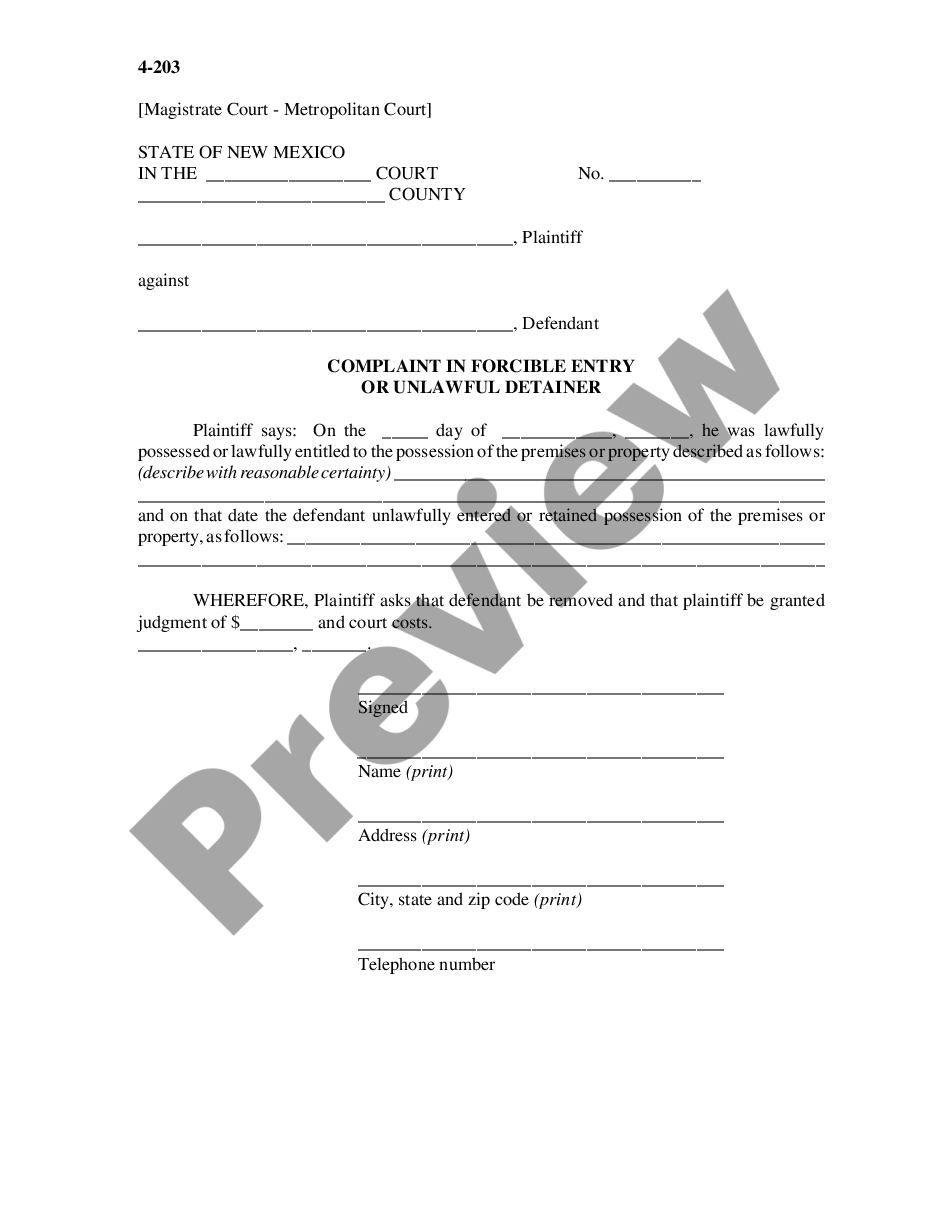 form Complaint In Forcible Entry or Unlawful Detainer preview