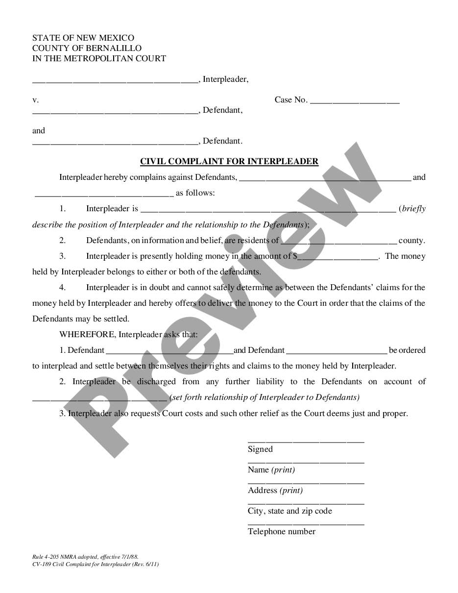 form Civil Complaint for Interpleader preview