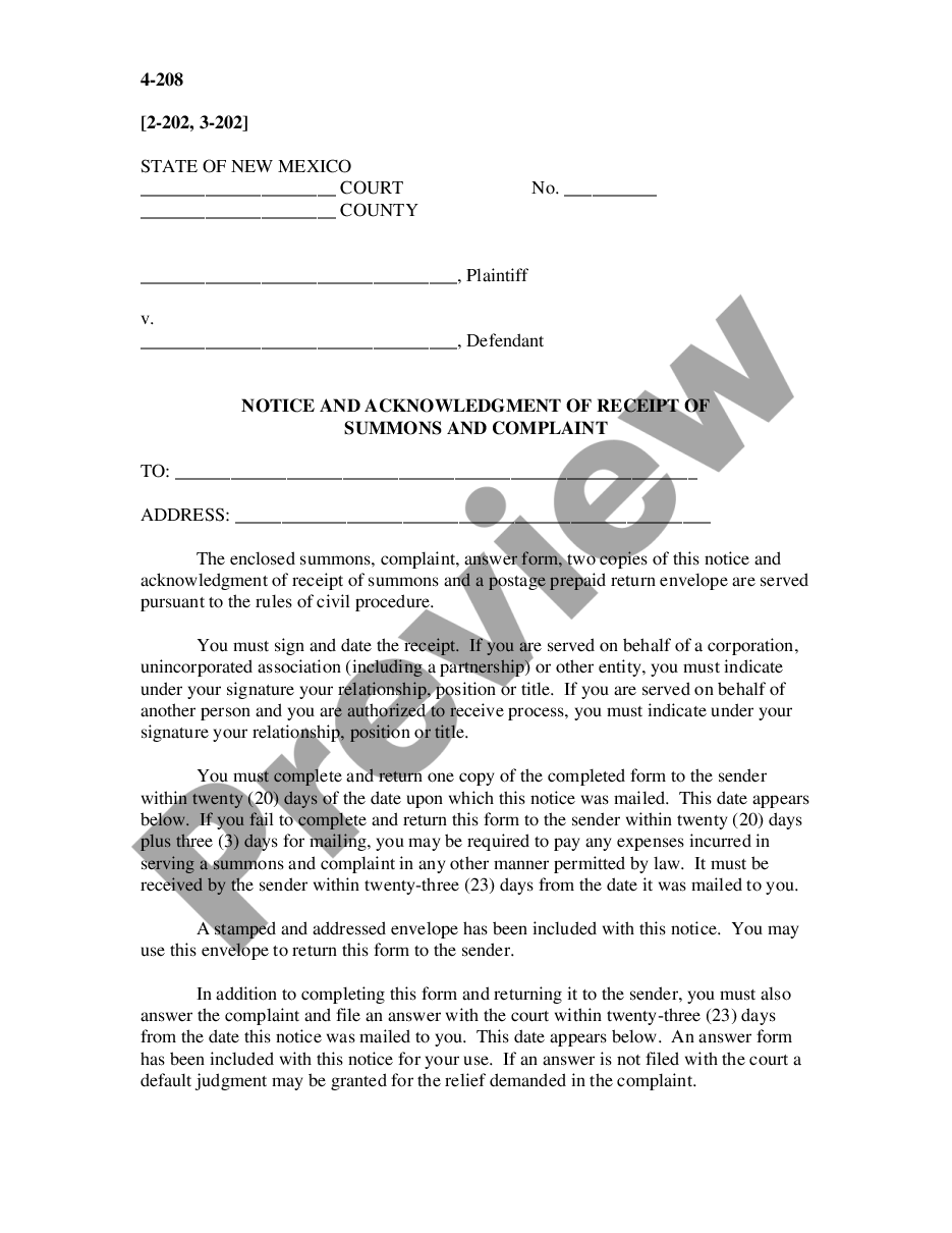 page 0 Notice and Acknowledgment of Receipt of Summons and Complaint preview