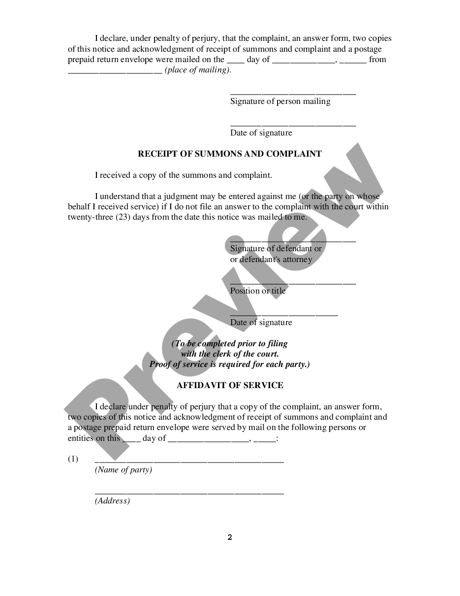 page 1 Notice and Acknowledgment of Receipt of Summons and Complaint preview