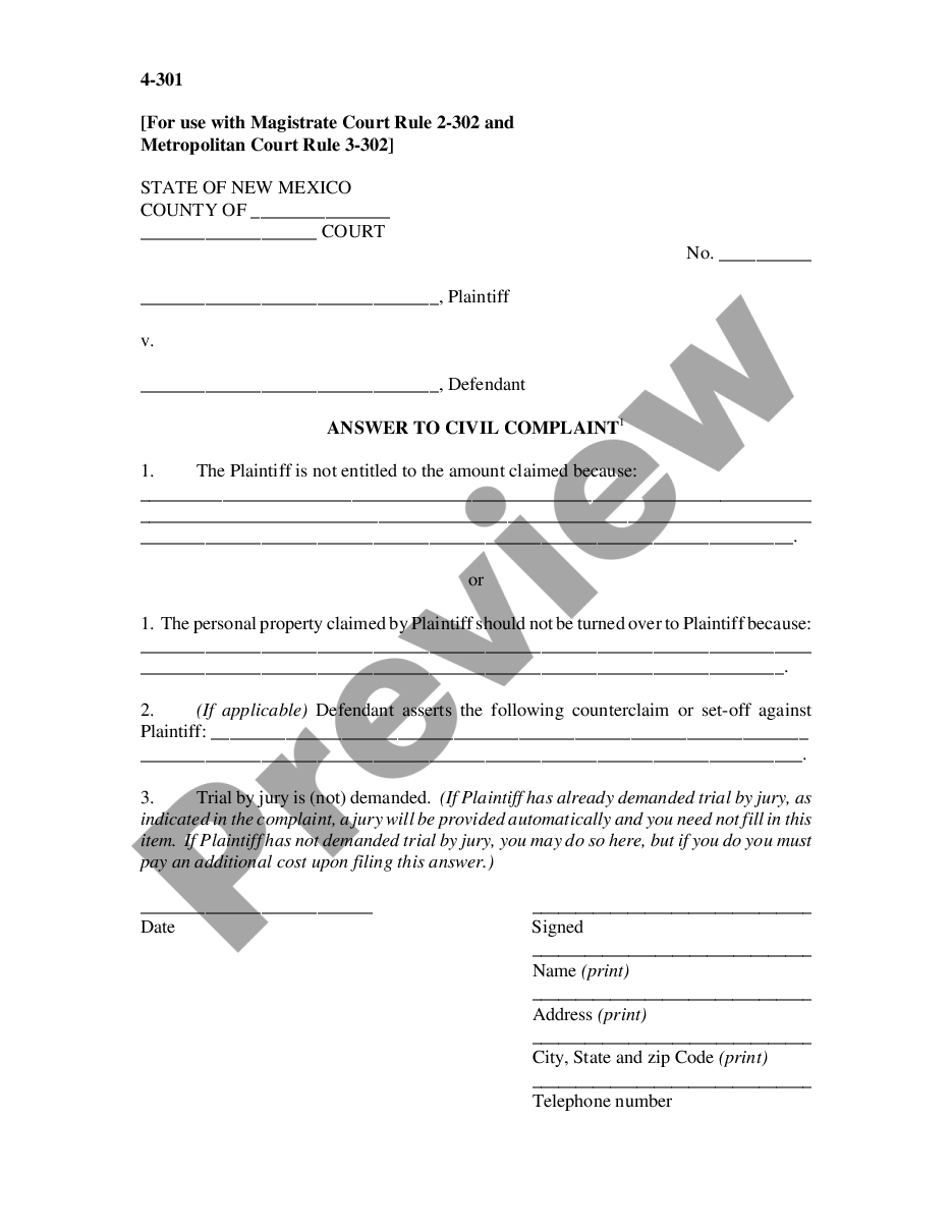 page 0 Answer to Civil Complaint preview
