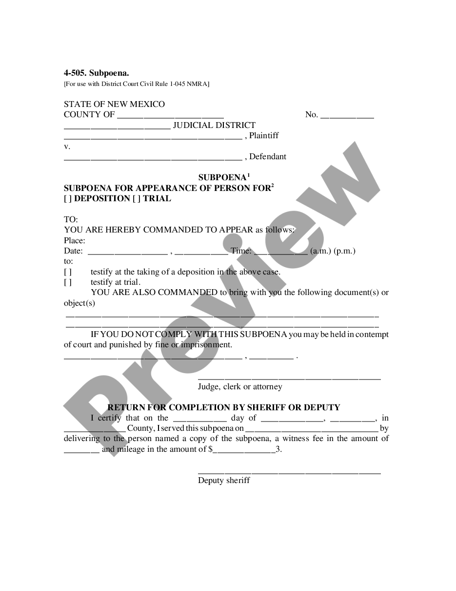 form Subpoena For Appearance of Person to testify at Deposition or Trial preview