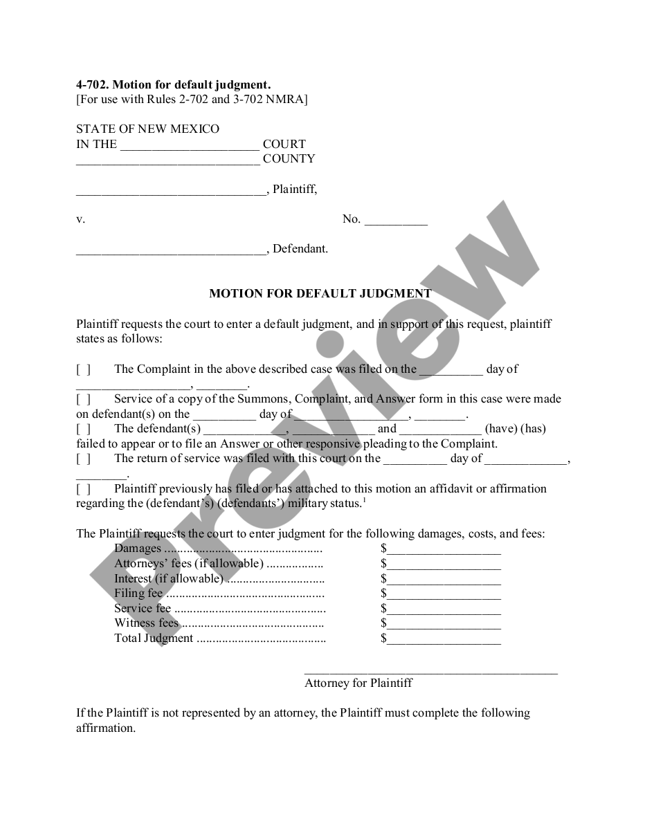 New Mexico Motion for Default Judgment US Legal Forms