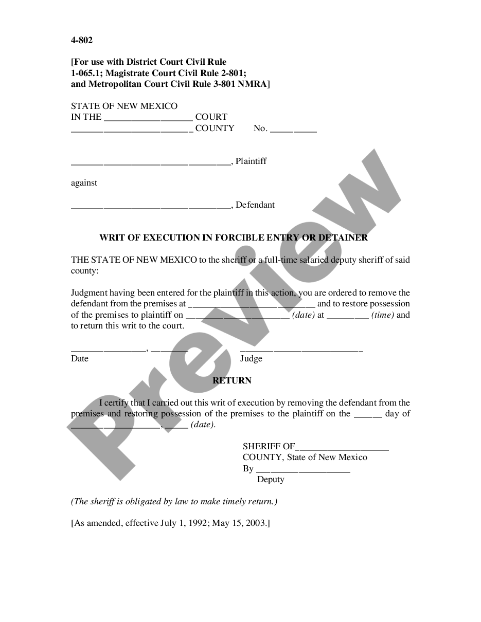 form Writ of Execution in Forcible Entry or Detainer preview