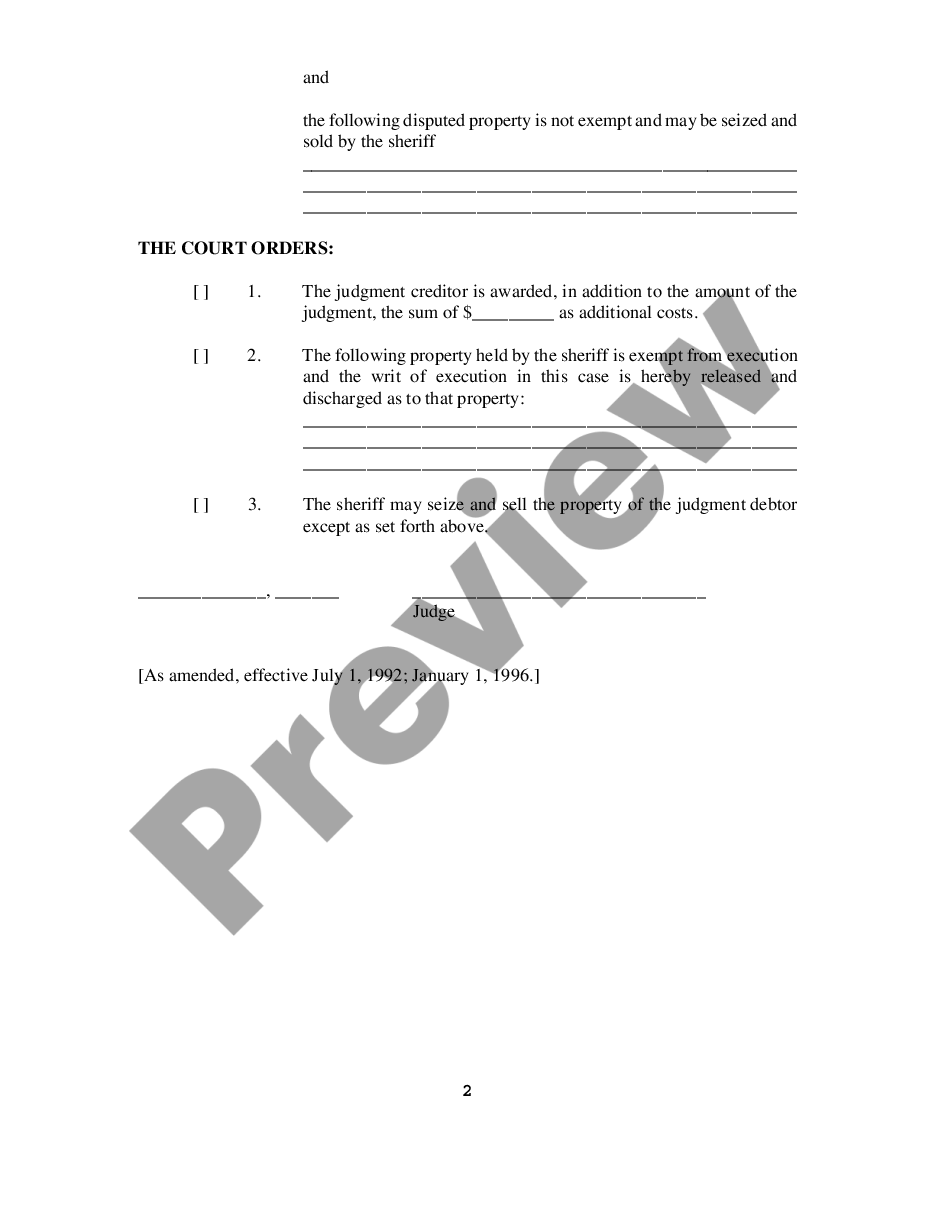 page 1 Order on Claim of Exemption and Order to Pay in Execution Proceedings preview