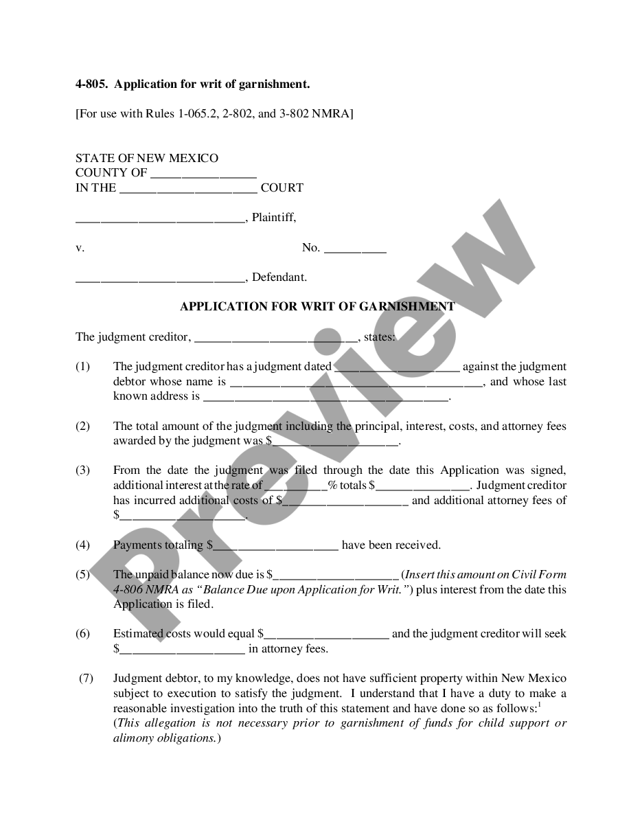 page 0 Application for Writ of Garnishment preview