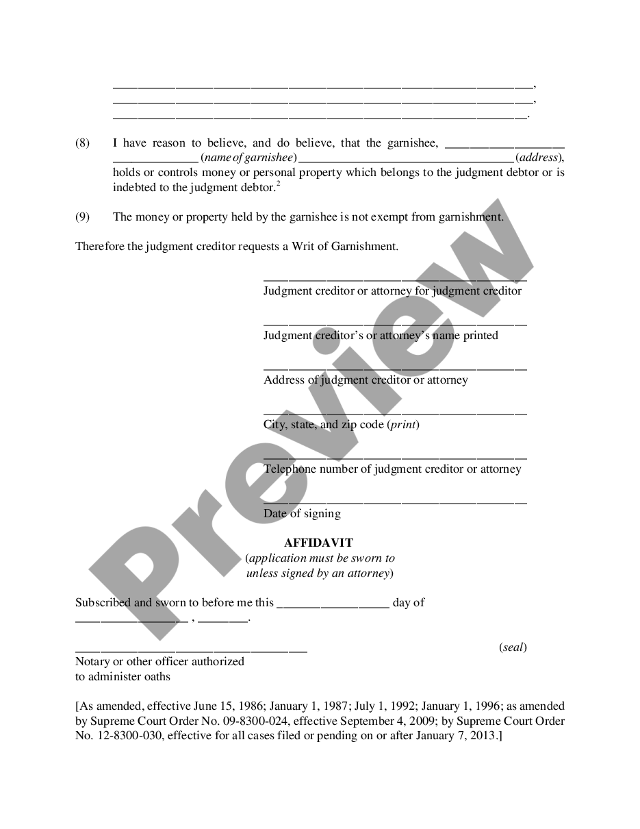 page 1 Application for Writ of Garnishment preview