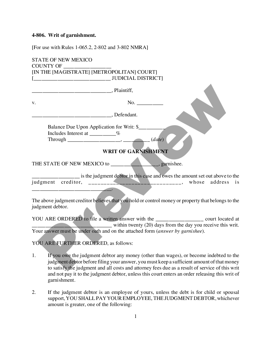 page 0 Writ of Garnishment preview