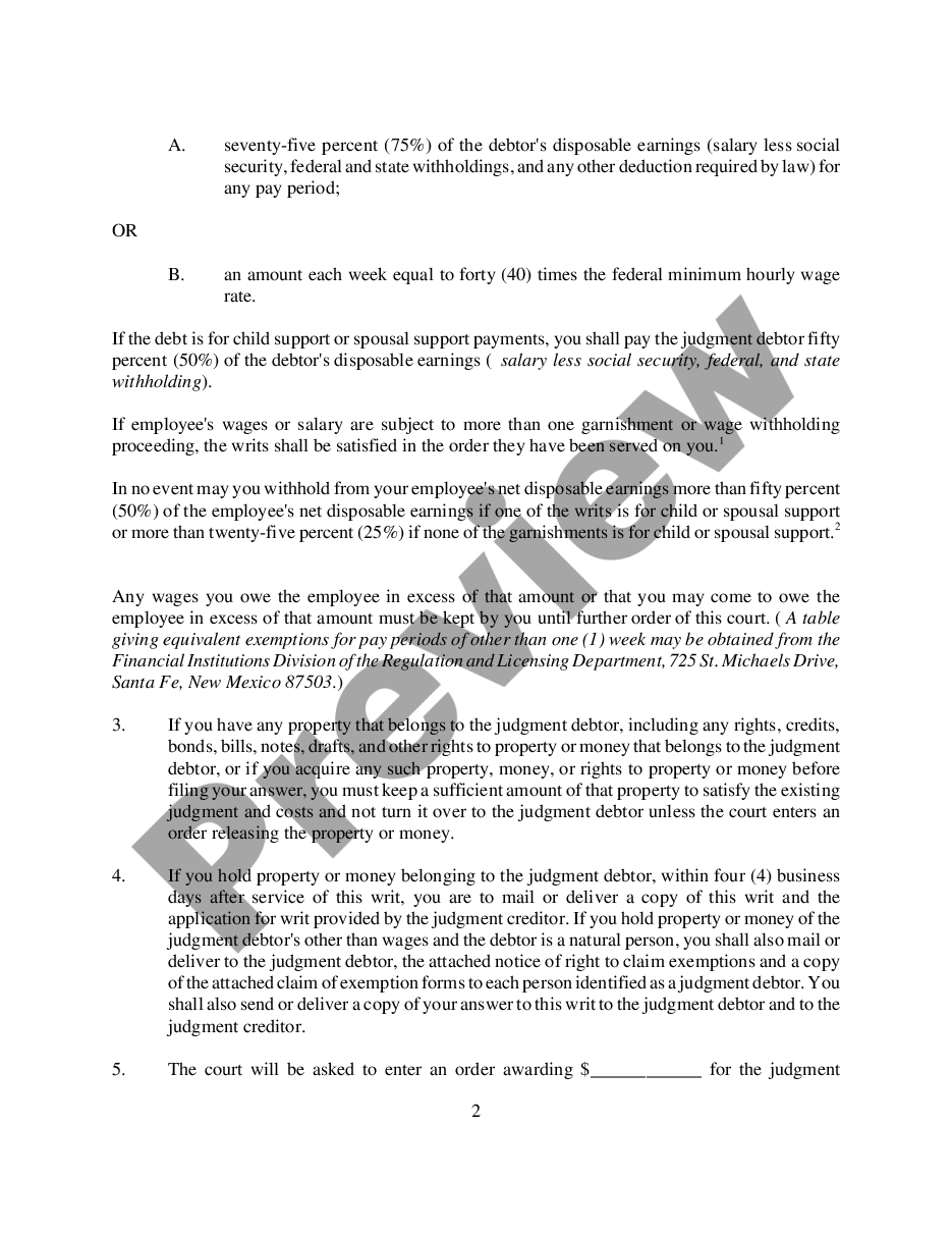 page 1 Writ of Garnishment preview
