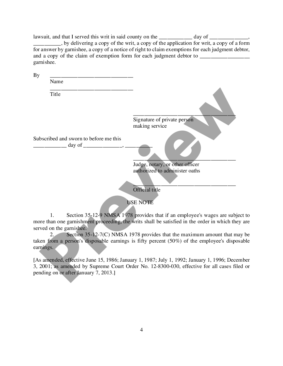 form Writ of Garnishment preview
