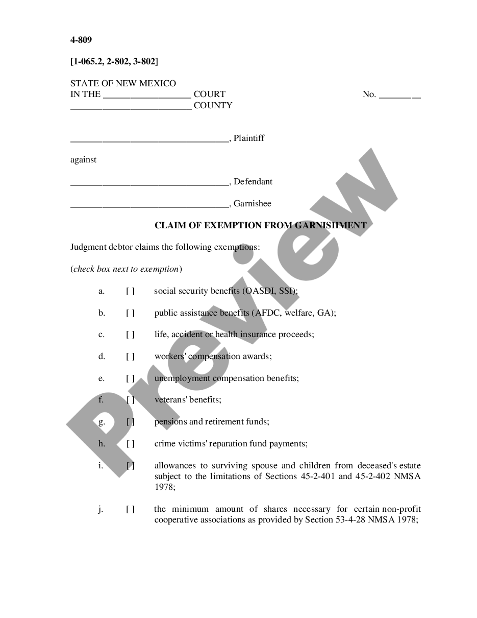 form Claim of Exemption from Garnishment preview