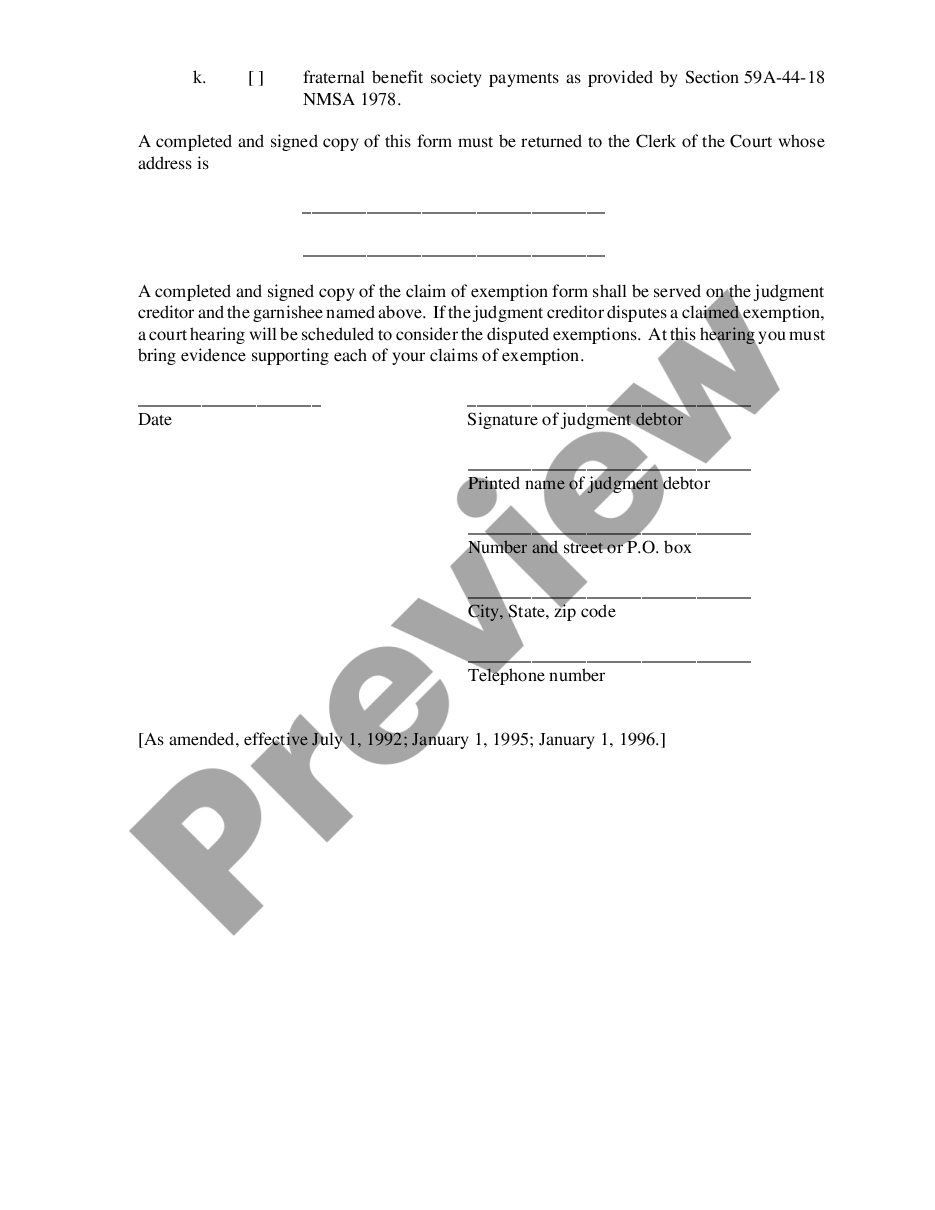 form Claim of Exemption from Garnishment preview