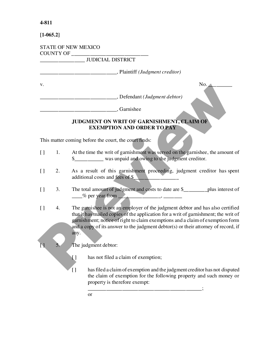 page 0 Judgment on Writ of Garnishment, Claim of Exemption and Order to Pay preview