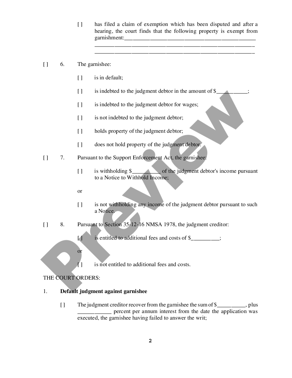 page 1 Judgment on Writ of Garnishment, Claim of Exemption and Order to Pay preview