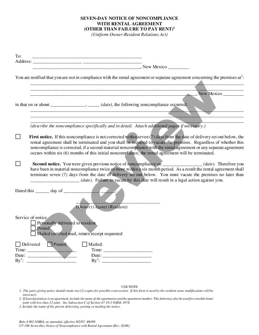 new mexico seven day notice of noncompliance with rental agreement other than failure to pay rent eviction nm rental agreement us legal forms