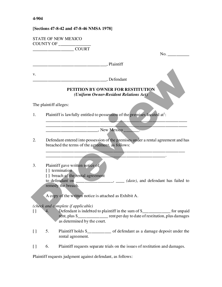 page 0 Petition By Owner for Restitution - Uniform Owner Resident Relations Act preview